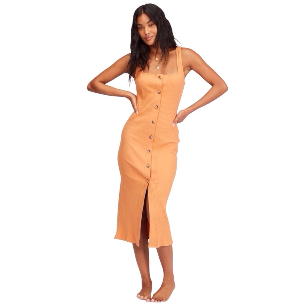Billabong Large Nissi Ribbed Henley Midi Tank Dress In Desert Clay‎ Comfort